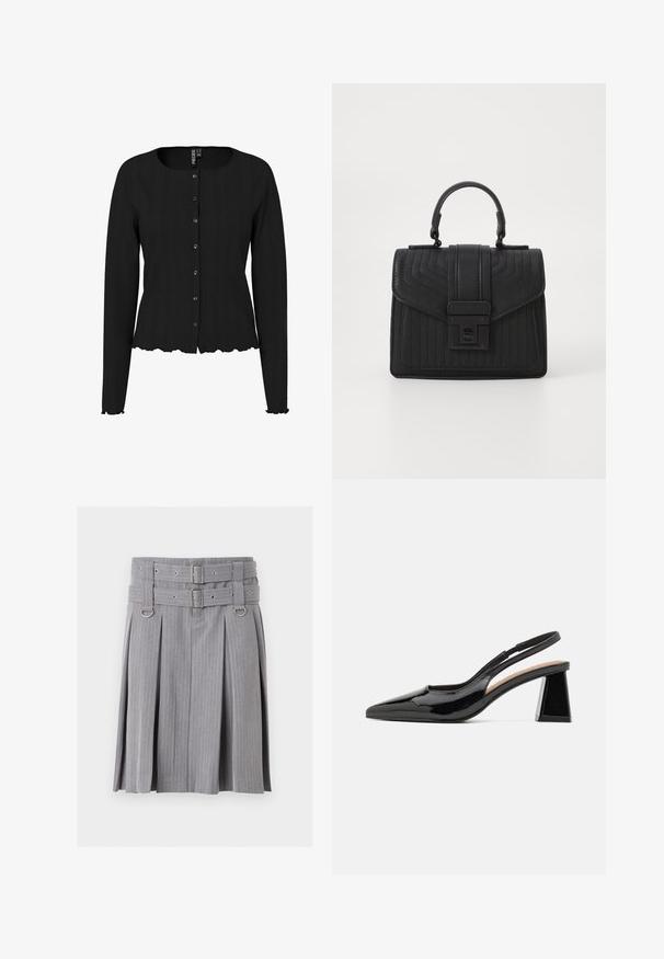 Schwarze Strickjacke mit langen Ärmeln, rippierter Textur, rundem Ausschnitt und gewelltem Saum. Mit Knopfleiste und dezenten Details.; Grauer, plissierter Rock mit Nadelstreifen, Doppelgürtel und silbernen Schnallen, mit D-Ring-Akzenten an der Taille.; Schwarze Lack-Slingback-Pumps mit spitzem Zehenbereich, ausgestattet mit einem einzigartigen geometrischen Blockabsatz und einer glatten Textur. Verstellbarer Riemen für zusätzlichen Halt.; Schwarze Lederhandtasche mit gestepptem Muster, rechteckiger Form, Obergriff und einer Frontklappe mit einem silberfarbenen Verschluss.