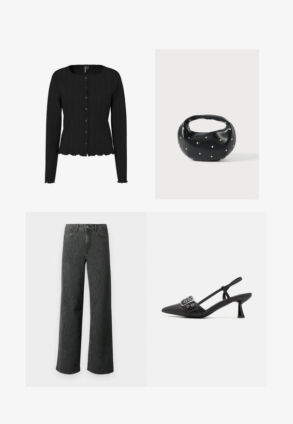 Schwarze Strickjacke mit langen Ärmeln, rippierter Textur, rundem Ausschnitt und gewelltem Saum. Mit Knopfleiste und dezenten Details.; Weite Jeans aus dunkelgrauem Denim, mit einer subtilen Zebra-Muster-Struktur, kontrastierenden Nähten und einem Fünf-Taschen-Design mit einem Knopfverschluss.; Simmi London DALA - Pumps - black; Schwarze Lederhandtasche mit abgerundeter Form, verziert mit silbernen Nietenakzenten und kurzem Griff. Glatte Struktur und Reißverschlussverschluss.