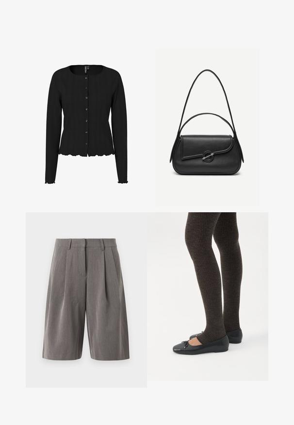 Sort langærmet cardigan med ribbet tekstur, rund halsudskæring og bølget kant. Har knaplukning foran og diskret detaljering.; Grå skræddersyede knælange shorts med forreste læg og bæltestropper, lavet af glat vævet stof, vist mod en ensfarvet baggrund.; Ben iført mørke ribbede leggings kombineret med sorte balletsko med små sløjfedetaljer på hvid baggrund.; Sort læderhåndtaske med afrundede kanter, asymmetrisk klap, metalcirkulært spænde samt både korte og lange skulderstropper.