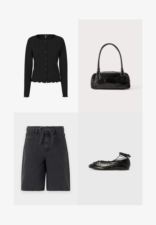 Sort langærmet cardigan med ribbet tekstur, rund halsudskæring og bølget kant. Har knaplukning foran og diskret detaljering.; Sorte denimshorts med bæltestropper, forlommer og et bundet snoretræk i taljen, vist mod en ensfarvet baggrund.; Sorte balletflade sko i laklæder med rundet tå, snørelukning og flad sål. Glat tekstur med få detaljer.; Sort læderhåndtaske med rektangulær form, der har et enkelt struktureret håndtag, sølvhardware og lynlås-lukning. Glat tekstur.