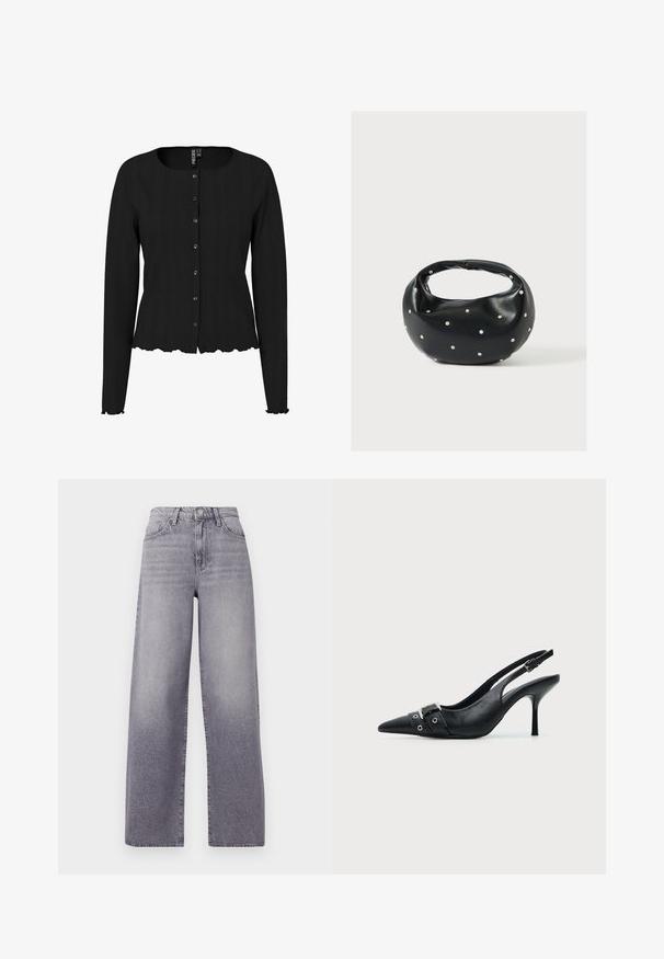 Schwarze Strickjacke mit langen Ärmeln, rippierter Textur, rundem Ausschnitt und gewelltem Saum. Mit Knopfleiste und dezenten Details.; Hochgeschnittene, weit geschnittene Jeans in hellgrauem Denim. Mit klassischem Fünf-Taschen-Design, dezenten Verwaschungen und einem metallischen Knopfverschluss.; Schwarzer Leder Slingback-Pumps mit spitzer Vorderkappe und einem Schnallen- und Ösenriemen vorne.; Schwarze Lederhandtasche mit abgerundeter Form, verziert mit silbernen Nietenakzenten und kurzem Griff. Glatte Struktur und Reißverschlussverschluss.