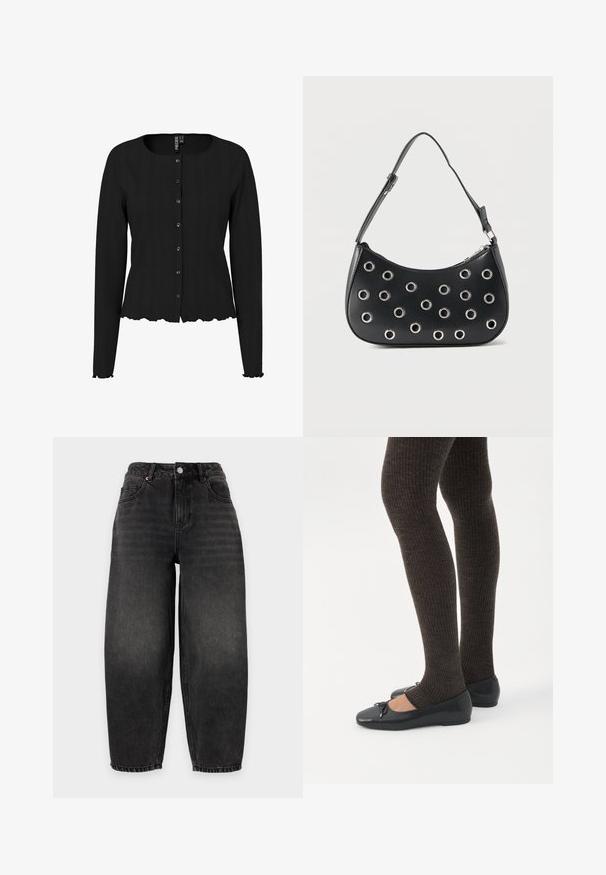 Zwarte lange mouwen cardigan met een ribbelstructuur, ronde halslijn en golvende zoom. Voorzien van een knoopsluiting aan de voorkant en subtiele details.; Zwarte, losvallende high-waist jeans met knoopsluiting, voor- en achterzakken en licht vervaagde stof. Geen zichtbaar merk.; Benen met donkere geribbelde leggings gecombineerd met zwarte ballerina's met kleine strikdetails op een witte achtergrond.; Zwarte leren schoudertas met verstelbare riem, voorzien van zilveren metalen oogjes en een ritssluiting bovenaan.