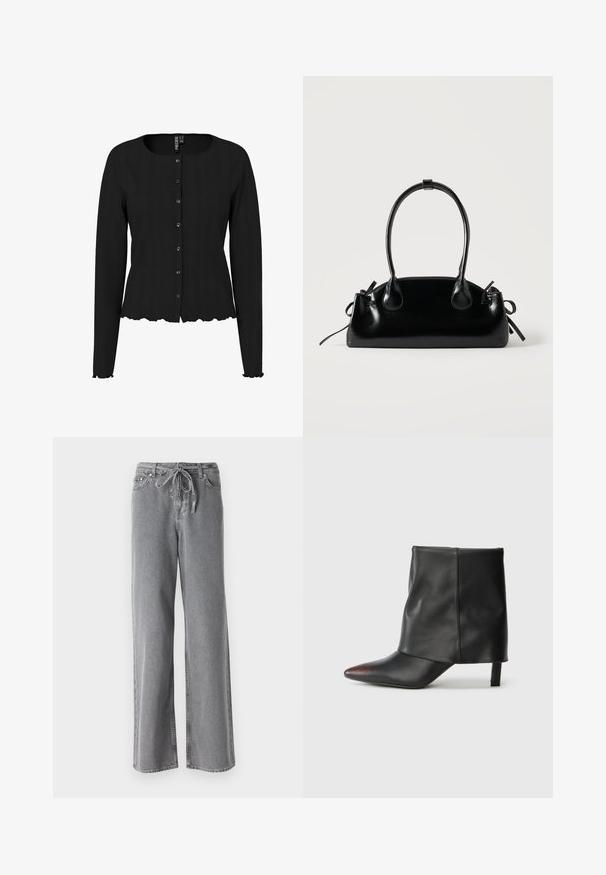 Schwarze Strickjacke mit langen Ärmeln, rippierter Textur, rundem Ausschnitt und gewelltem Saum. Mit Knopfleiste und dezenten Details.; Graue weit geschnittene Jeans aus Denim, mit einem Kordelzugbund und zwei Vordertaschen. Die Textur ist weich und hat ein leicht verwaschenes Finish.; Schwarzer Knöchelstiefel aus glattem Leder mit spitzer Zehenpartie und schmalem Absatz. Das Obermaterial zeichnet sich durch ein leicht gerafftes Design aus.; Kleine schwarze glänzende Handtasche mit zwei langen Griffen und seitlichen Kordelzug-Details vor einfachem hellem Hintergrund.
