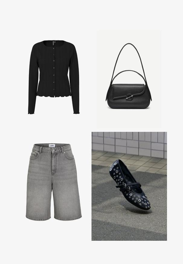 Sort langærmet cardigan med ribbet tekstur, rund halsudskæring og bølget kant. Har knaplukning foran og diskret detaljering.; Grå denimshorts med et klassisk design, udstyret med en knaplukning, fem lommer og synlig syning. Stof har en glat tekstur.; Sort flad lædersko med cirkulære udskæringer og dekorative nitter. Har justerbar dobbeltrem og afrundet tå-design.; Sort læderhåndtaske med afrundede kanter, asymmetrisk klap, metalcirkulært spænde samt både korte og lange skulderstropper.
