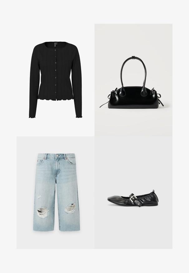 Sort langærmet cardigan med ribbet tekstur, rund halsudskæring og bølget kant. Har knaplukning foran og diskret detaljering.; Lyseblå denimshorts med løs pasform, der har to store slidte huller foran. Fem lommer og en synlig metalknaplukning.; Sorte læder flade sko med spids tå, samling detaljer omkring åbningen, og en sølv spænde accent på den justerbare rem.; Lille sort blank håndtaske med to lange håndtag og snøre-detaljer i siden på en ensfarvet lys baggrund.