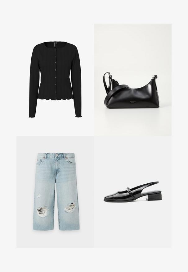 Sort langærmet cardigan med ribbet tekstur, rund halsudskæring og bølget kant. Har knaplukning foran og diskret detaljering.; Lyseblå denimshorts med løs pasform, der har to store slidte huller foran. Fem lommer og en synlig metalknaplukning.; Sort laklæderslingback-sko med lav blokhæl og tynd rem med sølvspænde over toppen.; Sort læderhåndtaske med en glat tekstur. Har en justerbar stropp og et enkelt, minimalistisk design med lynlås.