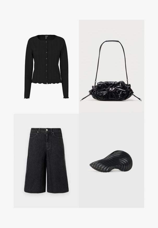Schwarze Strickjacke mit langen Ärmeln, rippierter Textur, rundem Ausschnitt und gewelltem Saum. Mit Knopfleiste und dezenten Details.; Schwarze Denim-Shorts mit lockerem Schnitt, ausgestattet mit einem Reißverschluss, einem vorderen Knopfverschluss und klassischen Taschen, abgeschlossen mit ausgefransten Saumkanten.; Melissa QUANTUM - Sneaker low - black; Schwarze Lederhandtasche mit gerafftem Design und Schleifendetail auf der Vorderseite. Verfügt über einen kurzen Griff und silberne Hardware-Akzente.