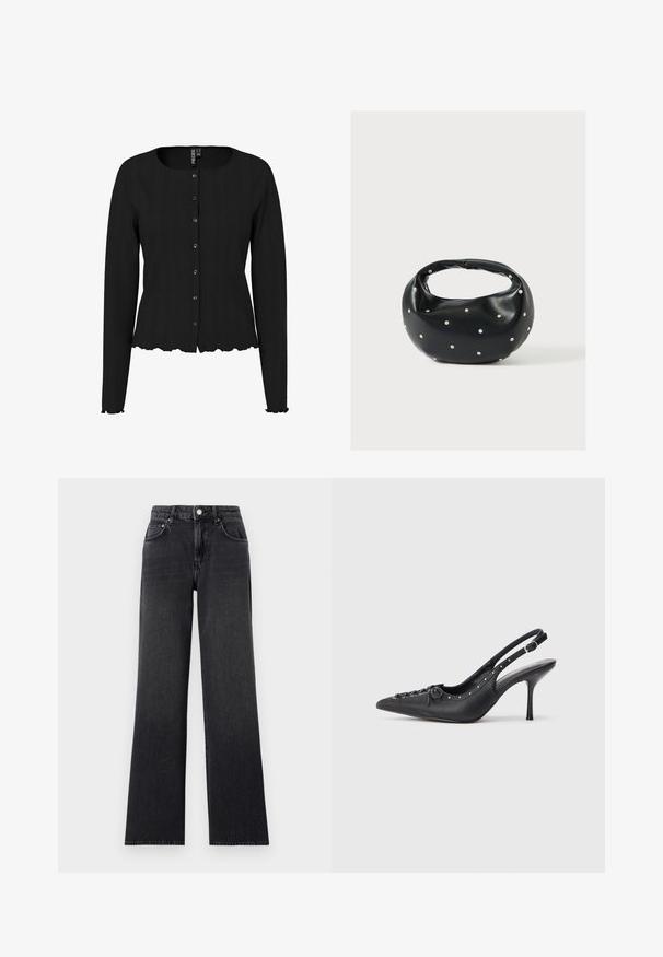 Schwarze Strickjacke mit langen Ärmeln, rippierter Textur, rundem Ausschnitt und gewelltem Saum. Mit Knopfleiste und dezenten Details.; Schwarze Weitbein-Jeans aus Denim, mit hoher Taille, Gürtelschlaufen und klassischem Fünf-Taschen-Design mit kupferfarbenen Akzenten.; Schwarzer Leder-Slingback-Stiletto mit spitzem Zehenaufsatz, seitlichem Schnallenriemen, Nieten entlang der Kante und dekorativer Schnürung vorne.; Schwarze Lederhandtasche mit abgerundeter Form, verziert mit silbernen Nietenakzenten und kurzem Griff. Glatte Struktur und Reißverschlussverschluss.