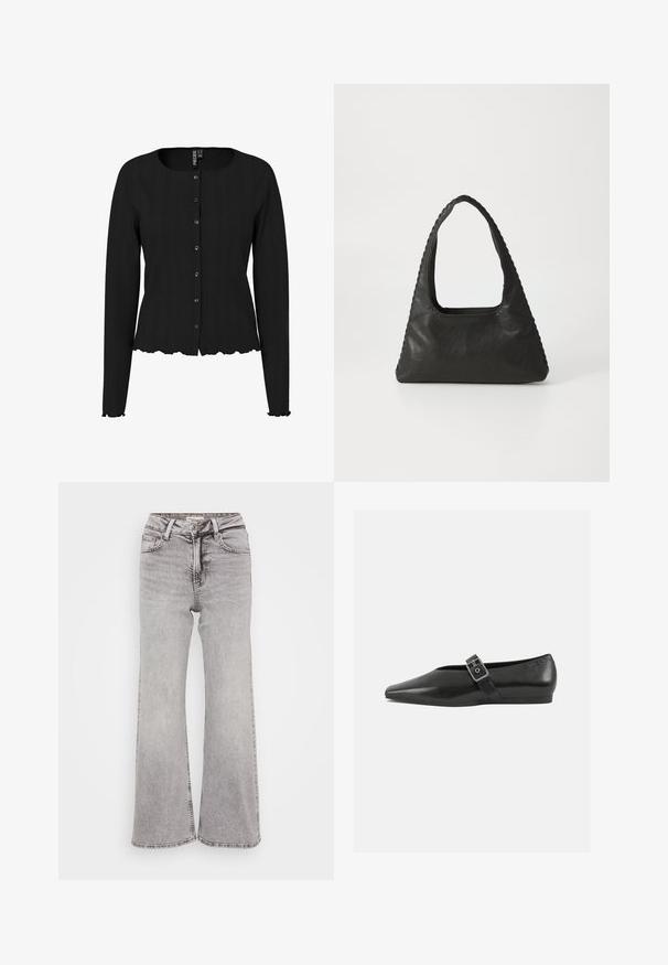 Schwarze Strickjacke mit langen Ärmeln, rippierter Textur, rundem Ausschnitt und gewelltem Saum. Mit Knopfleiste und dezenten Details.; Graue weit geschnittene Jeans aus Denim mit klassischem Fünf-Taschen-Design, Knopfverschluss und subtilen Verwaschungen für Textur.; Schwarze Lederflachschuhe mit spitzem Zehenbereich, ausgestattet mit einem metallischen Riemen über dem Spann und einer niedrigen, flexiblen Sohle.; Schwarze Lederhandtasche mit dreieckiger Form, einem großen Ausschnittgriff und detaillierter Naht entlang der Kanten. Glatte Textur.