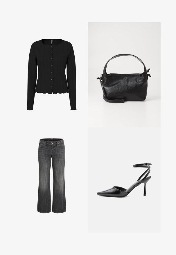 Schwarze Strickjacke mit langen Ärmeln, rippierter Textur, rundem Ausschnitt und gewelltem Saum. Mit Knopfleiste und dezenten Details.; Schwarze, verwaschene Straight-Leg-Jeans aus Denim mit Frontknopf, Gürtelschlaufen und Fünf-Taschen-Design.; Schwarzer spitzer High Heel mit dünnen Knöchelriemen und silberner Schnalle auf einfachem hellem Hintergrund.; Schwarze Lederhandtasche mit strukturiertem Design, rundem Haltegriff und abnehmbarem Schulterriemen. Sie weist eine glatte Oberfläche und einen subtilen Glanz auf.