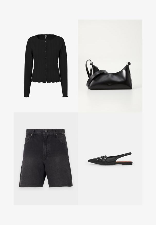 Sort langærmet cardigan med ribbet tekstur, rund halsudskæring og bølget kant. Har knaplukning foran og diskret detaljering.; Sorte denimshorts med lige snit, der har en knaplukning, frontlommer og et tekstureret stof. Minimalistisk design uden synlige mønstre.; Sort læderslyngeflad sko med spids tå, der har to vandrette stropper og firkantede sølvspænder, lav hæl og glat tekstur.; Sort læderhåndtaske med en glat tekstur. Har en justerbar stropp og et enkelt, minimalistisk design med lynlås.