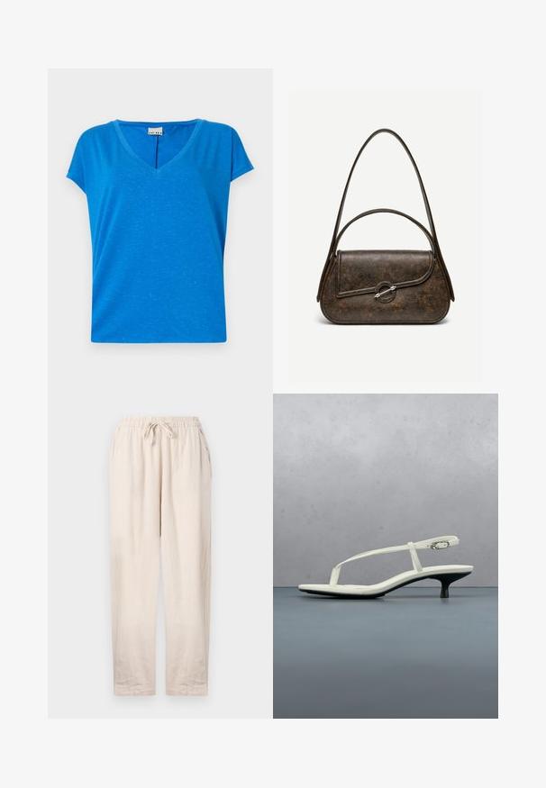 Blaues V-Ausschnitt-T-Shirt mit kurzen Ärmeln, aus weichem, strukturiertem Stoff, mit einem dezenten Melange-Muster und einer lockeren Passform.; Beige Leinenhosen mit elastischem Bund und Kordelzug. Sie verfügen über zwei Seitentaschen und eine lockere Passform mit geraden Beinen.; Weiße Riemchenpantolette mit kitten heel und spitz zulaufender Zehenpartie, schwebt über einem Holzkachelboden im Freien mit verschwommenem Pflanzen- und Wandhintergrund.; Dunkelbraune Handtasche aus strukturiertem Leder mit zwei Tragegurten, abgerundeter rechteckiger Form und silbernem, rundem Verschluss auf der vorderen Klappe.