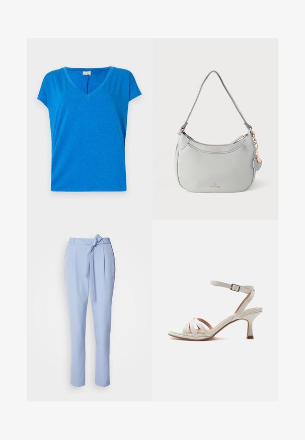 Camiseta azul de cuello en V con mangas cortas, hecha de un tejido suave y texturizado, que presenta un sutil patrón jaspeado y un corte relajado.; Pantalones ajustados de color azul claro con una tela suave, piernas ajustadas y un detalle de lazo en la parte delantera en la cintura. Incluyen bolsillos laterales.; Sandalia blanca de tacón medio con tres tiras delanteras, una correa en el tobillo con hebilla plateada y un tacón ligeramente curvado sobre un fondo liso.; Bolso de mano de cuero gris con forma curva, herrajes en tono dorado y un charm decorativo. Cuenta con cierre de cremallera y una única correa para el hombro.