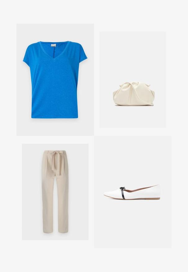 Blaues V-Ausschnitt-T-Shirt mit kurzen Ärmeln, aus weichem, strukturiertem Stoff, mit einem dezenten Melange-Muster und einer lockeren Passform.; Beige, hoch taillierte Hose mit einem Stoffgürtel, der zu einer Schleife gebunden ist, geradem Bein-Schnitt und minimalen Details auf einfachem Hintergrund.; Weißer Ballerina-Flachschuh mit spitzer Kappe, ausgestattet mit einem schwarzen Riemen und einer Schleifendetailierung über dem Spann. Glatte Oberfläche und dezenter Absatz.; Weiche, cremefarbene Leder-Clutch mit gerafftem Design und einem dünnen Schulterriemen, der vorne auf einem schlichten Hintergrund liegt.