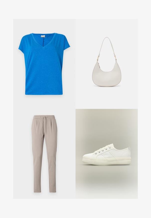 Blauwe V-hals t-shirt met korte mouwen, gemaakt van zachte, gestructureerde stof, met een subtiel gemêleerd patroon en een relaxte pasvorm.; Beige joggings met een trekkoord in de taille, taps toelopende benen en geplooide details aan de voorkant. Gemaakt van zachte, lichte materialen.; Witte lage sneaker met dikke geribde zool, veters aan de voorkant en trek-lus aan de hiel tegen een neutrale achtergrond.; Crème leren schoudertas met een halve maan vorm, dunne schouderband en subtiele stiksels. Minimalistisch ontwerp met gouden hardware accenten.