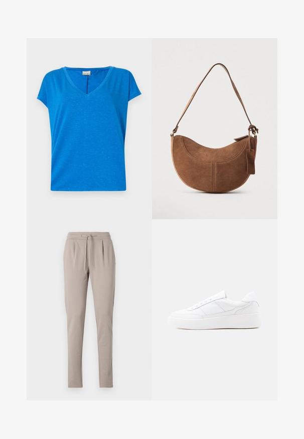 Camiseta azul de cuello en V con mangas cortas, hecha de un tejido suave y texturizado, que presenta un sutil patrón jaspeado y un corte relajado.; Pantalones de chándal beige con cintura ajustable, piernas ajustadas y detalle de pliegues en la parte delantera. Fabricados con un material suave y ligero.; Zapatilla blanca de corte bajo con suela gruesa, diseño con cordones y detalles de costura sutiles sobre un fondo claro y uniforme.; Bolso de ante marrón con forma curva de media luna. Cuenta con una correa para el hombro, una pequeña etiqueta y costuras visibles a lo largo de los bordes.