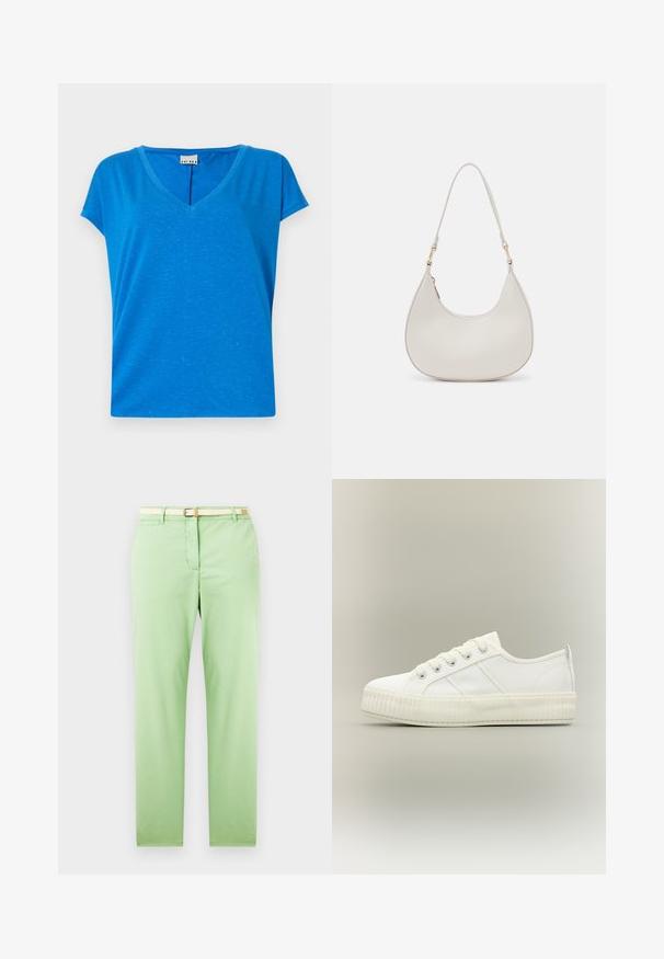 Camiseta azul de cuello en V con mangas cortas, hecha de un tejido suave y texturizado, que presenta un sutil patrón jaspeado y un corte relajado.; Pantalones de algodón verde claro con un corte recto, que cuentan con un cinturón tejido beige, un bolsillo delantero y sin patrones visibles ni embellishments.; Zapatilla deportiva blanca de caña baja con suela gruesa acanalada, cordones delanteros y tira para tirar en el talón sobre un fondo neutro.; Bolso de hombro de cuero crema con forma de media luna, correa delgada y sutil detalle de costuras. Diseño minimalista con acentos de hardware en tono dorado.