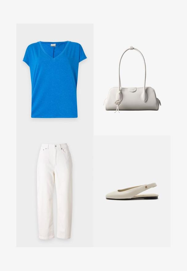 Blaues V-Ausschnitt-T-Shirt mit kurzen Ärmeln, aus weichem, strukturiertem Stoff, mit einem dezenten Melange-Muster und einer lockeren Passform.; Weiße Denim-Jeans mit geradem Bein, hoher Taille, Reißverschluss und metallischem Knopfverschluss. Verfügt über fünf Taschen und dezente Nähte.; cremefarbiger Lederslingback-Flachschuh mit rundem Zehenbereich und kleinem goldfarbenem Emblem am Riemen.; Weiße Calvin Klein Schultertasche mit langen Griffen, rechteckiger Form, Reißverschluss und dekorativem Logo-Anhänger, der in der Nähe des Griffs hängt.