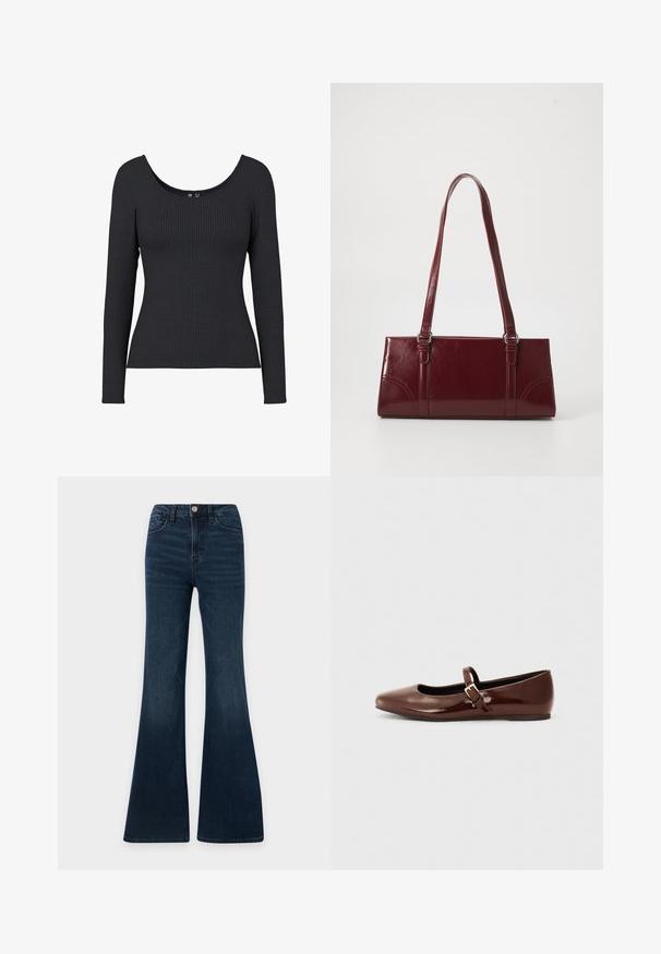 Zwarte geribde lange mouwen top met een ronde hals. Het materiaal is zacht en rekbaar, met een verticale ribbelstructuur over het gehele stuk.; Donkerblauwe denim jeans met een hoge taille en uitlopende pijpen, voorzijde met knoop- en ritssluiting, voor- en achterzakken.; Bruine gepatineerde leren balletschoen met een vierkante neus en een bandje met een kleine gouden gesp. Gladde textuur, lage hak en minimalistisch ontwerp.; Bourgondische handtas van glanzend materiaal, rechthoekige vorm, met twee schouderbanden en subtiele gebogen accenten aan de voorkant.
