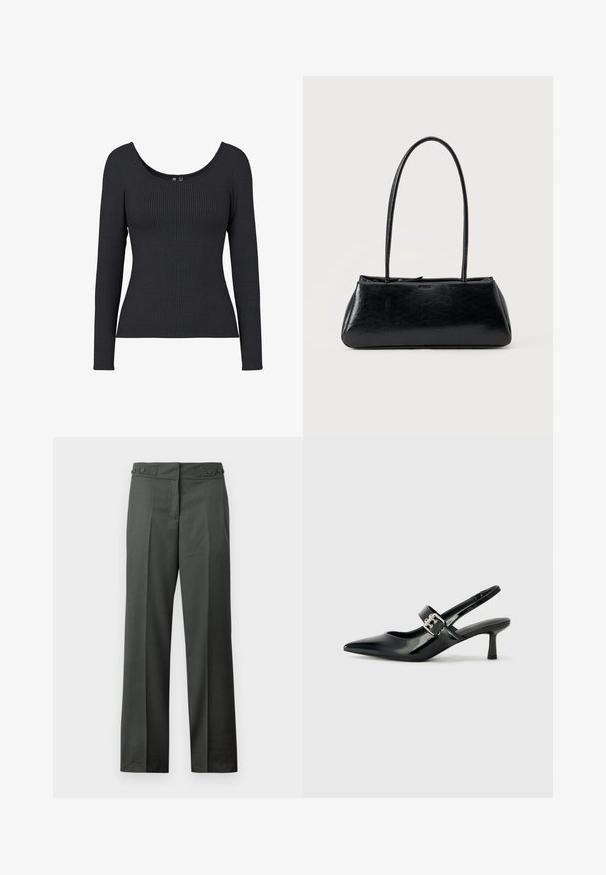 Top negro de manga larga con cuello redondo. El material es suave y elástico, con textura de rayas verticales en toda la prenda.; Pantalones rectos de color gris oscuro con pliegues delanteros y cintura ajustable con botones laterales sobre un fondo blanco.; Zapatos de tacón en charol negro con tira al tobillo, punta afilada y un pequeño tacón bloque, que cuentan con un acento de hebilla plateada en la correa.; Bolso de hombro rectangular negro con correas largas y delgadas y una textura lisa y brillante sobre un fondo liso.