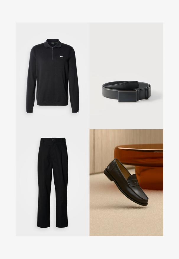 Polo noir à manches longues avec col zippé, texture côtelée et petit logo blanc "BOSS" sur la poitrine.; Pantalons noirs à jambes droites avec une taille à bouton, passants de ceinture et pli avant, présentés sur un fond blanc uni.; Chaussure mocassin en cuir noir suspendue au-dessus d’un tapis beige avec du mobilier moderne couleur ambre en arrière-plan.; Ceinture en cuir noir enroulée avec une boucle noire mate rectangulaire et un logo embossé discret sur fond blanc.