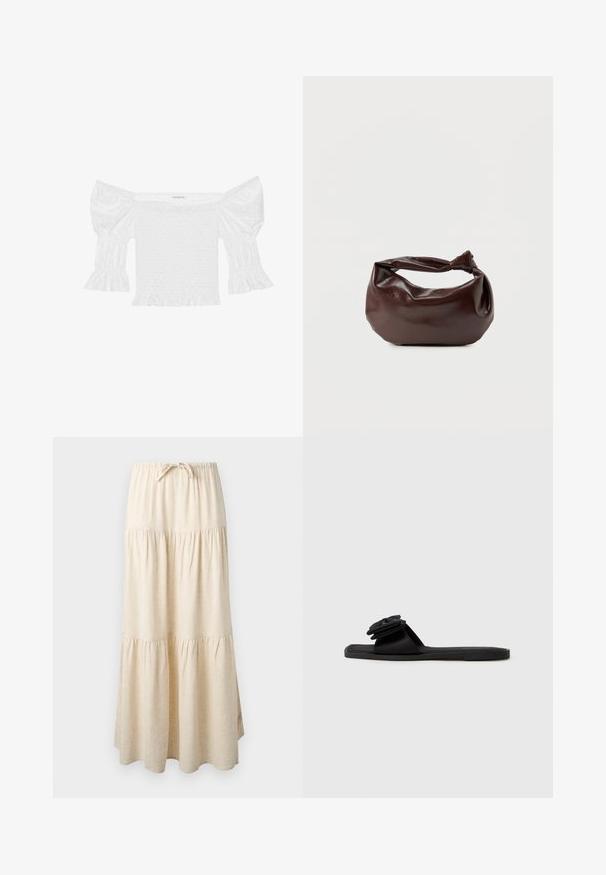 Top blanco sin hombros con mangas abullonadas, corsé fruncido y dobladillo con volantes acampanados. Hecho de algodón texturizado con detalles de ojales.; Falda larga beige de capas con cinturilla elástica y cordón, que presenta un diseño de tela fluida y fruncida.; Chanclas negras con un suave acento de flor de tela, suela plana y diseño de punta abierta. Hechas de material liviano para mayor comodidad.; Bolso de hombro de cuero marrón oscuro con una forma suave y caída, y un asa con nudo torcido sobre un fondo blanco liso.