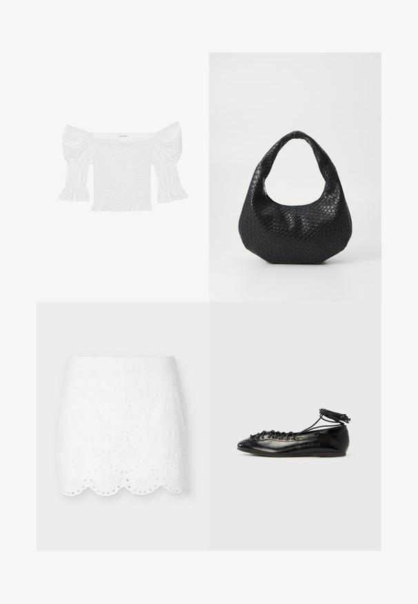 Top blanco sin hombros con mangas abullonadas, corsé fruncido y dobladillo con volantes acampanados. Hecho de algodón texturizado con detalles de ojales.; Minifalda blanca con bordado de ojal, dobladillo festoneado y patrones florales troquelados, mostrada sobre un fondo liso gris claro.; Zapatos planos tipo ballet de charol negro con punta redondeada, diseño con cordones y suela plana. Textura lisa con detalles mínimos.; Bolso de mano tejido en negro con un asa curvada, que presenta una superficie texturizada y una forma holgada. Acabado suave con una silueta orgánica.