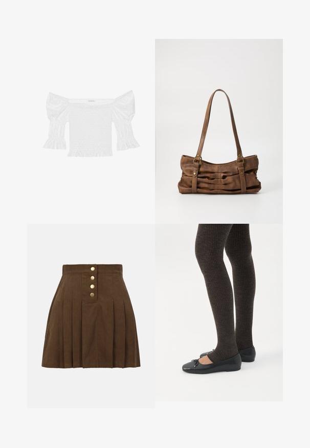 Witte off-shoulder top met pofmouwen, smock-inzetten en uitlopende jurkzoom. Gemaakt van gestructureerde katoen met oogjesdetails.; Bruine corduroy geplooide rok met een hoge taille en vier gouden knopen middenvoor.; Benen met donkere geribbelde leggings gecombineerd met zwarte ballerina's met kleine strikdetails op een witte achtergrond.; Even&Odd by Zalando Handtas - brown