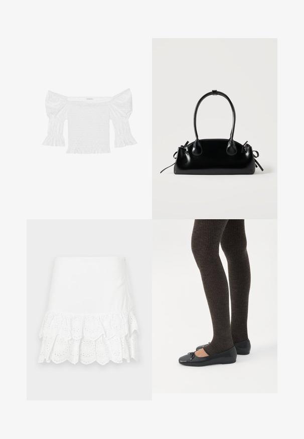 Top blanco sin hombros con mangas abullonadas, corsé fruncido y dobladillo con volantes acampanados. Hecho de algodón texturizado con detalles de ojales.; Falda blanca de algodón con un diseño de volantes en capas y bordado de ojales en el dobladillo. Textura suave, por encima de la rodilla.; Piernas con leggings oscuros acanalados combinados con bailarinas negras que presentan pequeños detalles de lazo sobre un fondo blanco.; Pequeño bolso negro brillante con dos asas largas y detalles de cordón lateral sobre un fondo claro liso.
