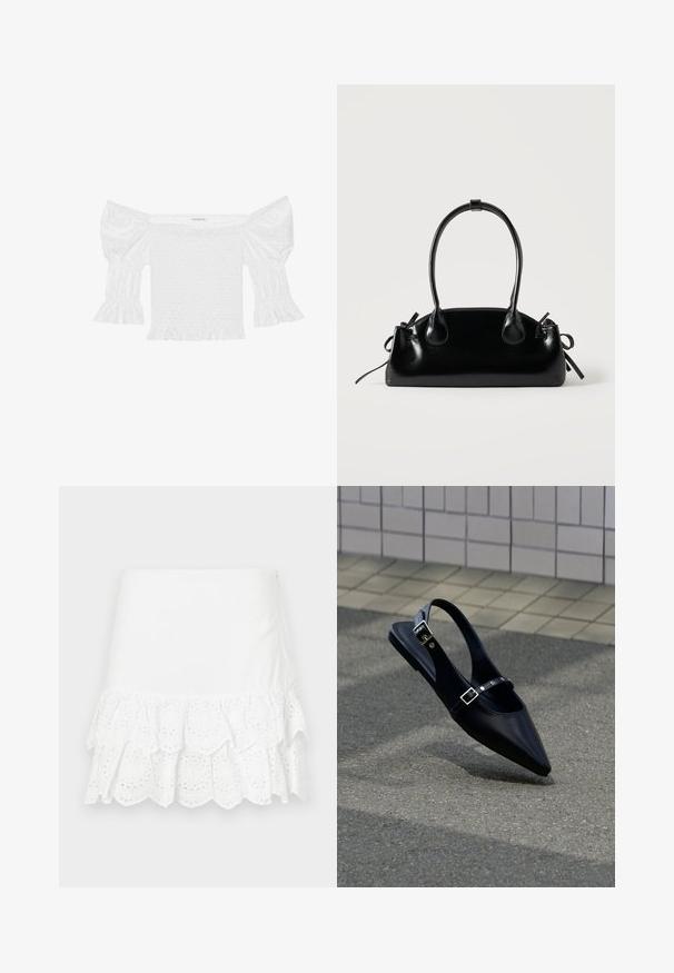 Witte off-shoulder top met pofmouwen, smock-inzetten en uitlopende jurkzoom. Gemaakt van gestructureerde katoen met oogjesdetails.; Witte katoenen rok met een gelaagde ruffle-design en oogjes borduurwerk aan de zoom. Gladde textuur, hoogte boven de knie.; Zwarte platte slingback met spits toelopende neus en dubbele gespsluitingen, rustend op grijs asfalt bij een achtergrond van betegelde muur.; Kleine zwarte glanzende handtas met twee lange hengsels en zijkant trekkoord details op een effen lichte achtergrond.