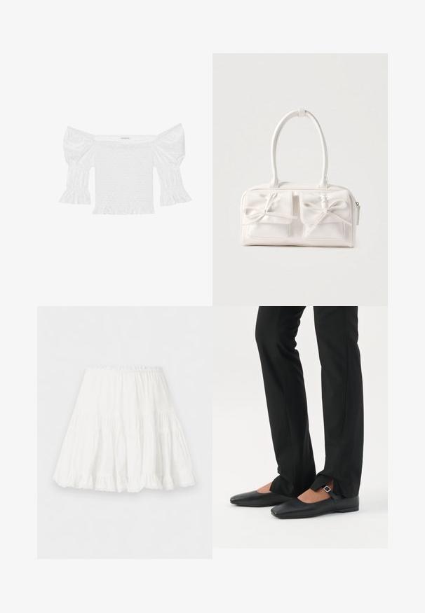 Top blanco sin hombros con mangas abullonadas, corsé fruncido y dobladillo con volantes acampanados. Hecho de algodón texturizado con detalles de ojales.; Falda blanca de capas con cinturilla elástica y borde con volantes, confeccionada en tela ligera.; Piernas con pantalones ajustados negros con aberturas frontales en el dobladillo, combinados con zapatos planos Mary Jane negros con una pequeña correa con hebilla.; Bolso sintético blanco con dos bolsillos delanteros, cada uno con un detalle de lazo atado. Textura suave, asas redondeadas y cierre de cremallera.