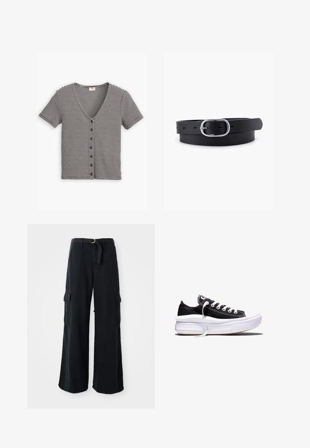 Haut à manches courtes à boutons, noir et blanc rayé, avec un décolleté en V et un tissu texturé. Présente plusieurs boutons sur le devant.; Pantalons cargo larges noirs en coton avec ceinture à nouer, dotés de deux poches latérales et d'une texture de tissu lisse.; Baskets basses en toile noire avec des lacets blancs et une semelle épaisse en caoutchouc blanc multi-couches sur fond blanc.; Ceinture en cuir noir au toucher lisse, boucle en métal argenté de forme ovale et plusieurs trous d'ajustement le long de la sangle. Design plat et minimal.