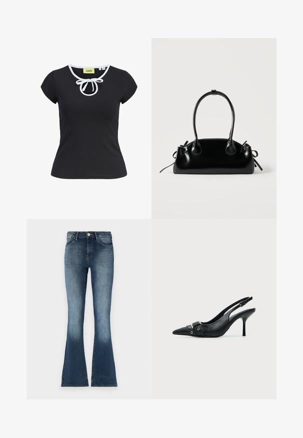 Schwarzes Kurzarm-T-Shirt aus weichem Stoff mit Rundhalsausschnitt, weißen Akzenten und einer zentralen Schleifenapplikation am Hals. Größe S.; Blaue Jeans mit Schlag, mittelhohem Bund, verblasstem Finish und traditionellem fünf-Taschen-Design. Weiche Textur und subtile Steppdetails.; Schwarzer Leder Slingback-Pumps mit spitzer Vorderkappe und einem Schnallen- und Ösenriemen vorne.; Kleine schwarze glänzende Handtasche mit zwei langen Griffen und seitlichen Kordelzug-Details vor einfachem hellem Hintergrund.