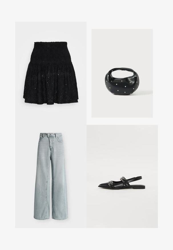 Jupe mini en dentelle noire avec une taille smockée, des volants en étages et des motifs à œillets sur l'ensemble. Texture douce avec un design léger.; Jean en denim bleu clair taille haute, jambes larges, avec poches avant, passants pour ceinture et fermeture à double bouton.; Even&Odd by Zalando Ballerines à brides arrière - black; Sac à main en cuir noir de forme arrondie, décoré de clous argentés et équipé d'une poignée courte. Texture lisse et fermeture éclair.