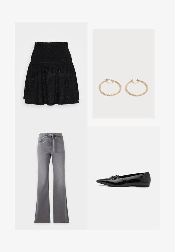 Jupe mini en dentelle noire avec une taille smockée, des volants en étages et des motifs à œillets sur l'ensemble. Texture douce avec un design léger.; Jean en denim gris avec des jambes larges et une ceinture nouée à la taille, présenté à plat sur un fond clair.; Ballerines en cuir verni noir avec un bout pointu, présentant un nœud décoratif à l'avant et un design de talon bas et élégant.; Paire de boucles d'oreilles créoles en or de taille moyenne avec un design texturé et perlé sur un fond clair uni.