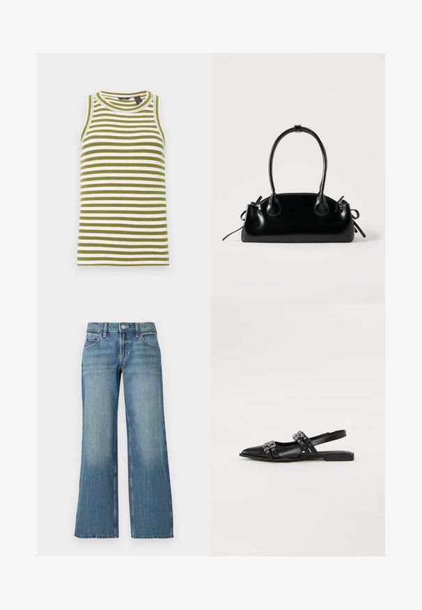 Haut sans manches rayé vert et blanc, avec une texture côtelée, un col rond et une coupe ajustée.; Jean en denim bleu clair à coupe large, avec une taille mi-haute, des poches avant et un léger délavage, affichant une texture lisse.; Even&Odd by Zalando Ballerines à brides arrière - black; Petit sac à main noir brillant avec deux longues anses et des détails à cordon sur les côtés sur un fond clair uni.