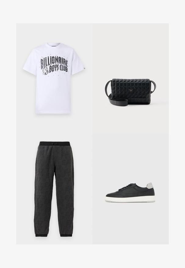 Billionaire Boys Club ARCH LOGO - Tričko s potlačou - white; Sivé teplákové nohavice s textúrovanou tkaninou, s celoplošným vzorom loga, elastickým pásom a elastickými manžetami na členkoch.; Čierna nízka teniska s bielou podrážkou a sivým pätovým pásikom, bočný pohľad na bielom pozadí.; Čierna textúrovaná kabelka cez rameno s klopou a malým kovovým logom na prednej strane, vystavená na jednoduchom pozadí.