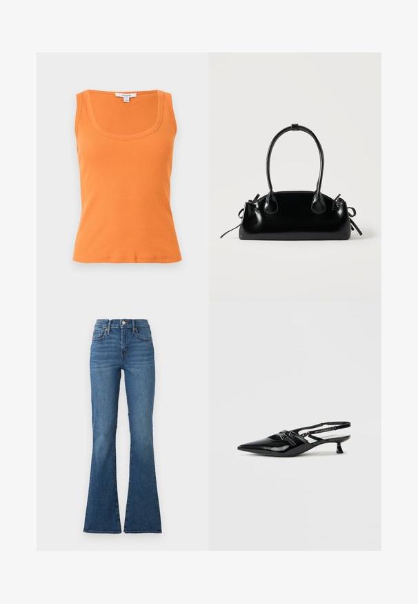 Débardeur orange côtelé sans manches avec encolure arrondie, coupe ajustée et étiquette de marque Topshop sur fond gris clair.; Jean en denim bleu taille haute avec légère décoloration, bouton et fermeture éclair devant, cinq poches et jambes évasées sur fond blanc uni.; Chaussure slingback en cuir verni noir avec bout pointu, petit talon carré et bride ajustable ornée de détails découpés et d'accents logo.; Petit sac à main noir brillant avec deux longues anses et des détails à cordon sur les côtés sur un fond clair uni.