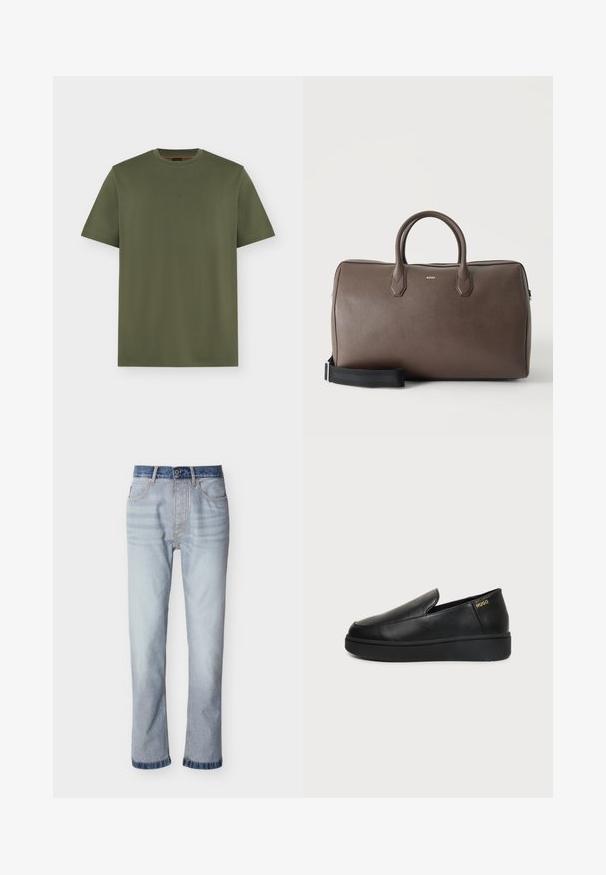 T-shirt vert olive à manches courtes et col rond avec un logo discret "BOSS" centré sur la poitrine, design uni sur fond gris clair.; Jean denim bleu clair avec une ceinture bleu foncé, coupe droite, cinq poches et détails de couture visibles.; Chaussure noire en cuir à enfiler avec semelle épaisse et petits trous de ventilation latéraux, avec un logo doré "HUGO" près du talon.; Sac de sport en cuir marron avec deux poignées, une bandoulière noire réglable et un petit logo "BOSS" au centre à l'avant.