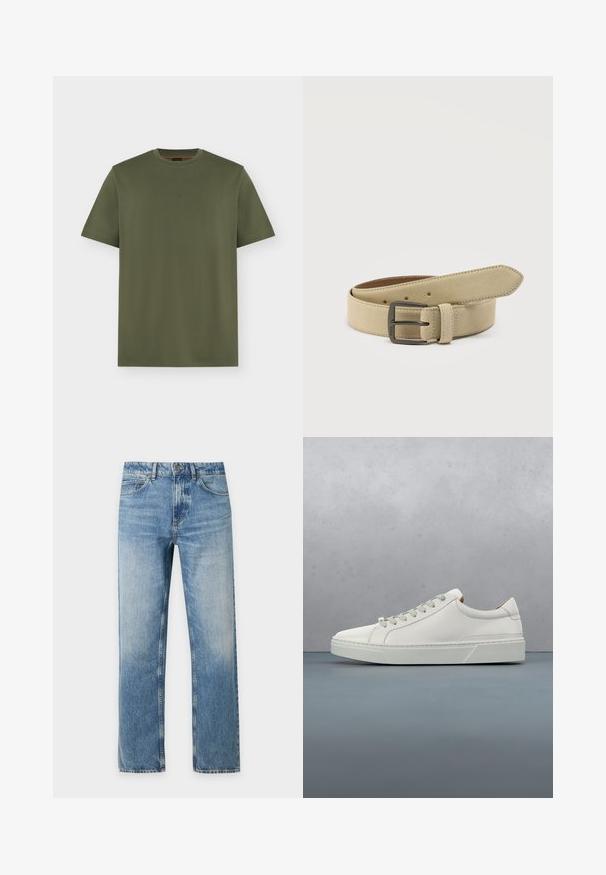 T-shirt vert olive à manches courtes et col rond avec un logo discret "BOSS" centré sur la poitrine, design uni sur fond gris clair.; Jean denim bleu clair à coupe droite avec cinq poches et fermeture bouton sur un fond uni.; Baskets en cuir blanc avec un bout arrondi, design minimaliste, lacets gris et semelle en caoutchouc gris texturé. Détails de couture subtils visibles.; Ceinture en daim beige avec une boucle rectangulaire en métal sombre, plusieurs trous d'ajustement et une boucle cousue sur fond blanc.