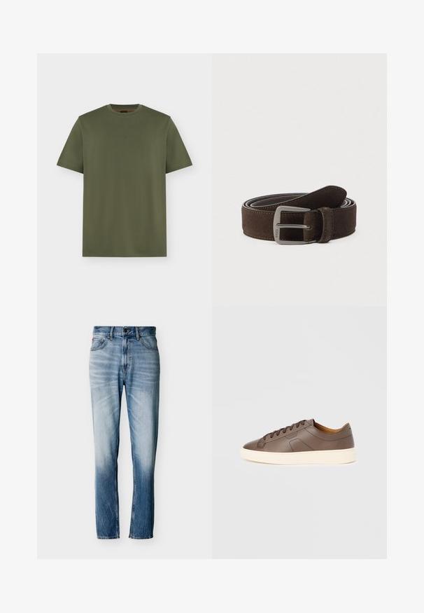 T-shirt vert olive à manches courtes et col rond avec un logo discret "BOSS" centré sur la poitrine, design uni sur fond gris clair.; Jean bleu délavé à coupe droite avec cinq poches, fermeture par bouton et passants pour ceinture, présenté à plat sur fond blanc.; Baskets en cuir marron à texture lisse, semelle extérieure crème contrastante, bout arrondi et lacets marron foncé ; présente un logo discrètement embossé.; Ceinture en daim marron avec boucle en métal argenté, détail de double surpiqûre, texture lisse et embout arrondi.