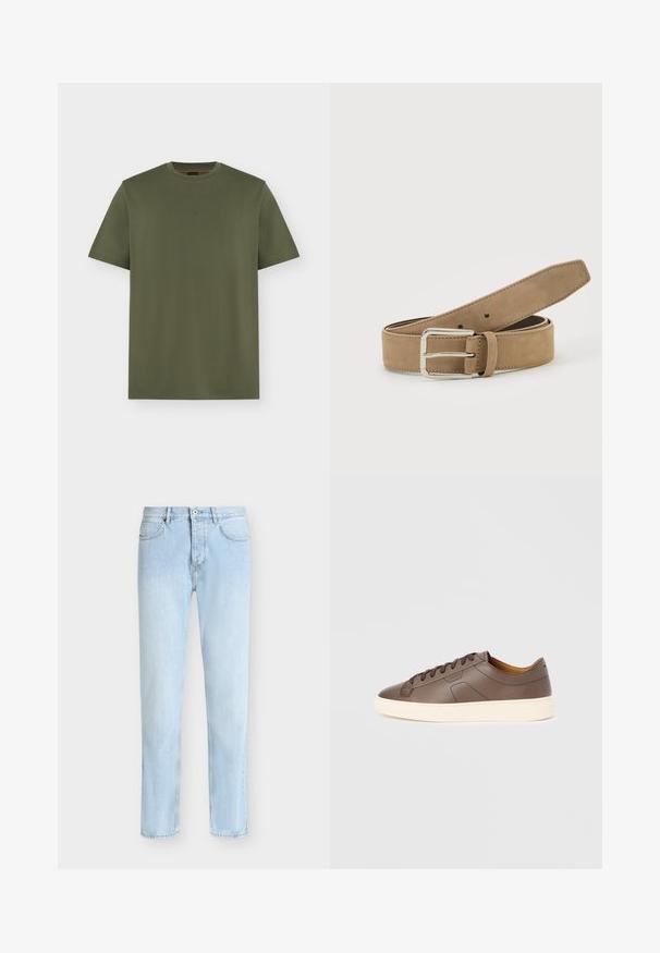T-shirt vert olive à manches courtes et col rond avec un logo discret "BOSS" centré sur la poitrine, design uni sur fond gris clair.; Jean denim bleu clair à jambes droites avec cinq poches, passants pour ceinture, fermeture à bouton et zip à l'avant.; Baskets en cuir marron à texture lisse, semelle extérieure crème contrastante, bout arrondi et lacets marron foncé ; présente un logo discrètement embossé.; Ceinture en daim marron clair avec boucle métallique argentée, roulée et posée sur une surface blanche.