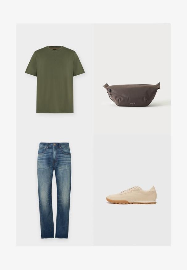 T-shirt vert olive à manches courtes et col rond avec un logo discret "BOSS" centré sur la poitrine, design uni sur fond gris clair.; Jean en denim bleu foncé à coupe droite, avec un léger délavage, cinq poches et une fermeture par bouton à la taille.; Baskets en daim beige au design épuré, présentant une tige texturée, un bout rond et une semelle en caoutchouc avec un motif en zigzag.; Sac banane en tissu marron foncé avec poche zippée en diagonale et petit logo blanc sur le devant, sur un fond clair uni.