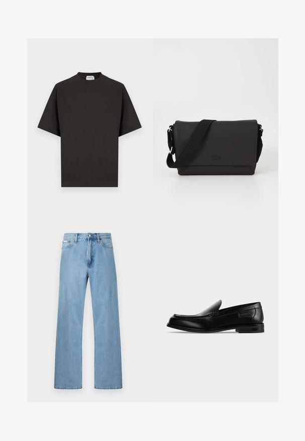 T-shirt noir à manches courtes et col rond, avec un petit logo crocodile ton sur ton de Lacoste sur la poitrine gauche et un ourlet droit.; Jean en denim bleu clair coupe droite à cinq poches avec fermeture à boutons à la taille, présenté sur un fond uni.; Mocassin noir en cuir à enfiler avec un petit talon, un bout arrondi et des surpiqûres décoratives le long du bord supérieur.; Lacoste MESSENGER BAG MEN CLASSIC - Sac bandoulière - noir