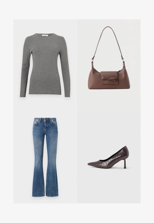 Blusa de manga larga gris hecha de un suave material acanalado. Presenta un escote redondeado y un diseño ajustado, con mínimos acentos o patrones.; Jeans acampanados en denim de color azul claro, con cinco bolsillos, cremallera y un lavado desgastado con ligera distorsión cerca del dobladillo.; Tacones puntiagudos de cuero sintético marrón con textura de cocodrilo, con un tacón delgado y angular y un forro interior suave.; Bolso bandolera de cuero marrón con un bolsillo frontal de solapa que presenta un detalle de moño cosido y una correa ajustable.