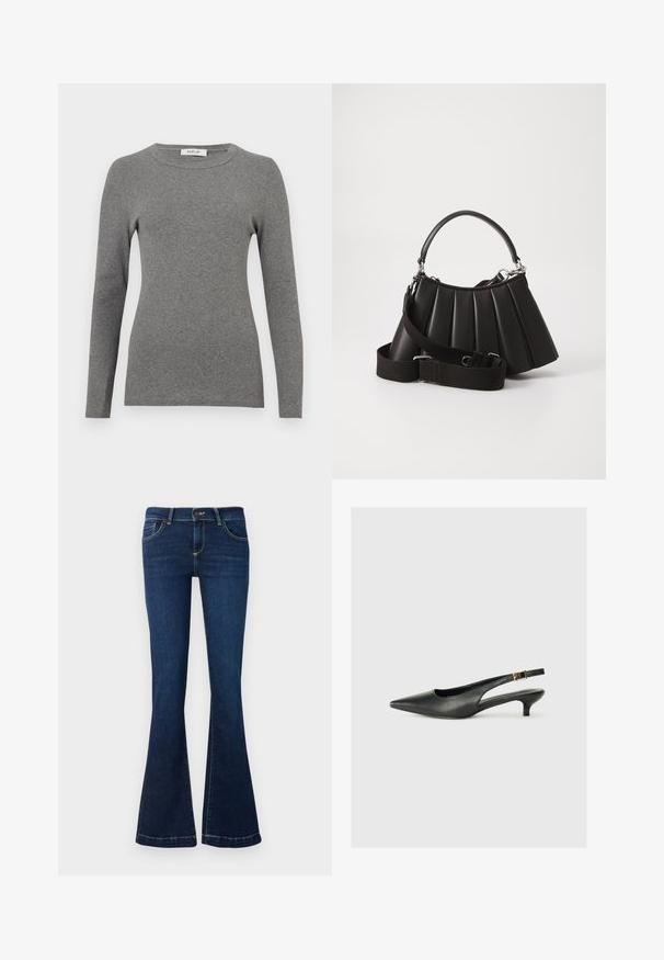 Blusa de manga larga gris hecha de un suave material acanalado. Presenta un escote redondeado y un diseño ajustado, con mínimos acentos o patrones.; Jeans acampanados de color azul oscuro fabricados en denim, con bolsillos frontales y costuras amarillas a lo largo de las costuras. Cintura estándar y cremallera.; Zapato de tacón slingback negro de punta afilada, hecho de cuero suave. Presenta un tacón delgado y un detalle de hebilla en la correa ajustable.; Bolso de mano negro con pliegues, manejo redondeado, correa ajustable y textura brillante. Presenta herrajes plateados y una silueta estructurada.