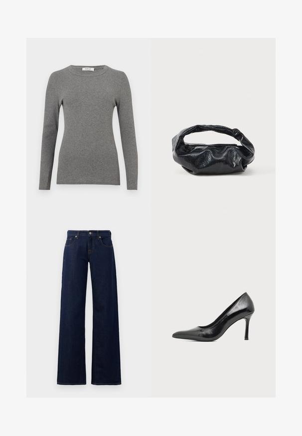 Blusa de manga larga gris hecha de un suave material acanalado. Presenta un escote redondeado y un diseño ajustado, con mínimos acentos o patrones.; Jeans de pierna ancha en denim azul oscuro, con diseño estándar de cinco bolsillos, costuras de cobre y cierre de botón en la cintura.; Zapato de tacón alto de mujer en piel negra patentada, con punta puntiaguda y tacón delgado, sobre un fondo claro y liso.; Bolso negro hecho de un material brillante y texturizado con un asa circular retorcida y un cierre de cremallera. Presenta un diseño suave y arrugado.