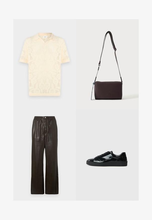 Polo tricoté à manches courtes couleur crème avec motif floral en maille et col pointu, présenté sur un fond uni.; Pantalon en simili cuir marron foncé avec une taille élastique, une fermeture à bouton à l'avant et des jambes droites larges.; Baskets en cuir verni noir avec un bout arrondi, un laçage, une semelle en caoutchouc texturé et une finition lisse.; Sac bandoulière en cuir marron foncé texturé avec une sangle réglable et un petit accent décoratif bleu sur le côté.
