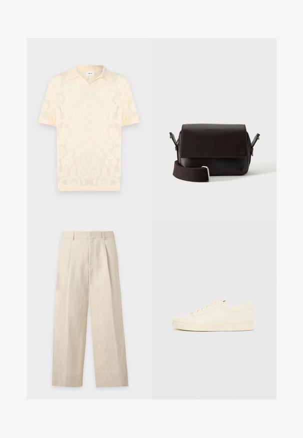 Polo tricoté à manches courtes couleur crème avec motif floral en maille et col pointu, présenté sur un fond uni.; Pantalon beige à jambes larges avec passants de ceinture, plis devant et fermeture avant dissimulée.; Baskets couleur crème avec une tige en cuir lisse, bout arrondi, laçage à l'avant et semelle en caoutchouc texturée. Design minimaliste, sans logo.; Sac bandoulière en cuir marron foncé avec fermeture à rabat et sangle en tissu réglable sur fond blanc.