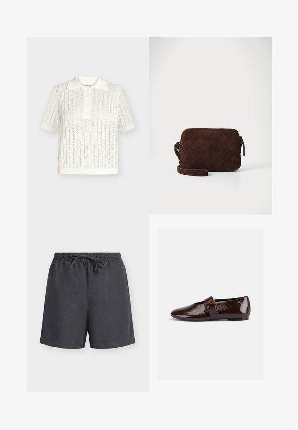 Polo en maille blanche à manches courtes avec motif en dentelle, poignets et bas côtelés, et col avec patte de boutonnage.; Short en lin gris foncé avec taille élastique et cordon ajustable, longueur mi-cuisse, design épuré, présenté sur fond blanc.; Chaussure plate en cuir verni marron foncé avec une large bride à boucle dorée et un bout arrondi, présentée de profil sur fond blanc.; Sac bandoulière en suède marron avec un design tissé, fermeture éclair et une bandoulière réglable. Présente une forme rectangulaire élégante.
